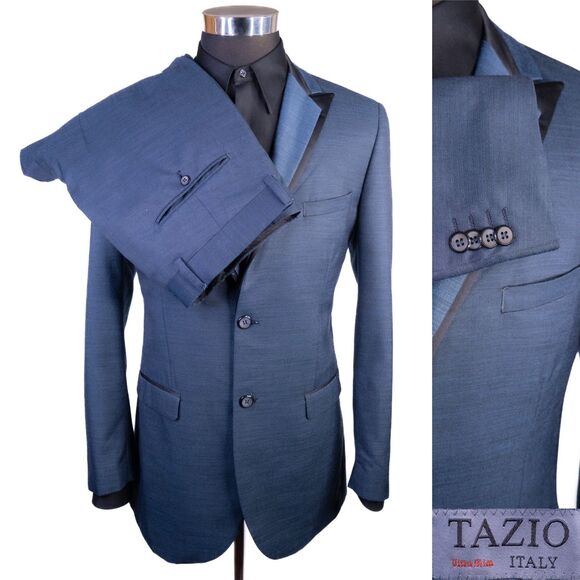 TAZIO 2-Pcs Solid Blue Tuxedo Suit Blazer Jacket Sz 40L/R Pants 36X32 2-Buttons - Picture 1 of 16